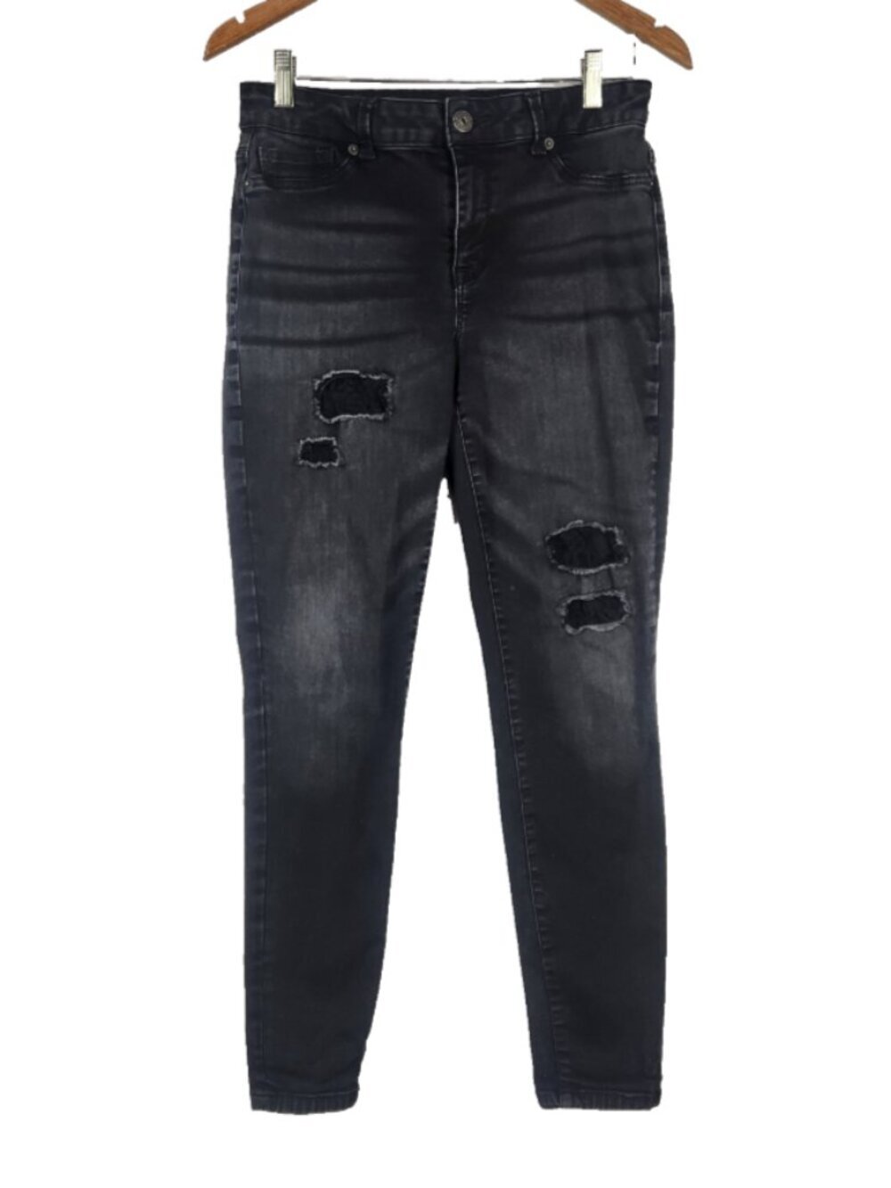 Maurices Women's Pegged Denim Jeans M Reg Black Destroyed with Patches Tapered